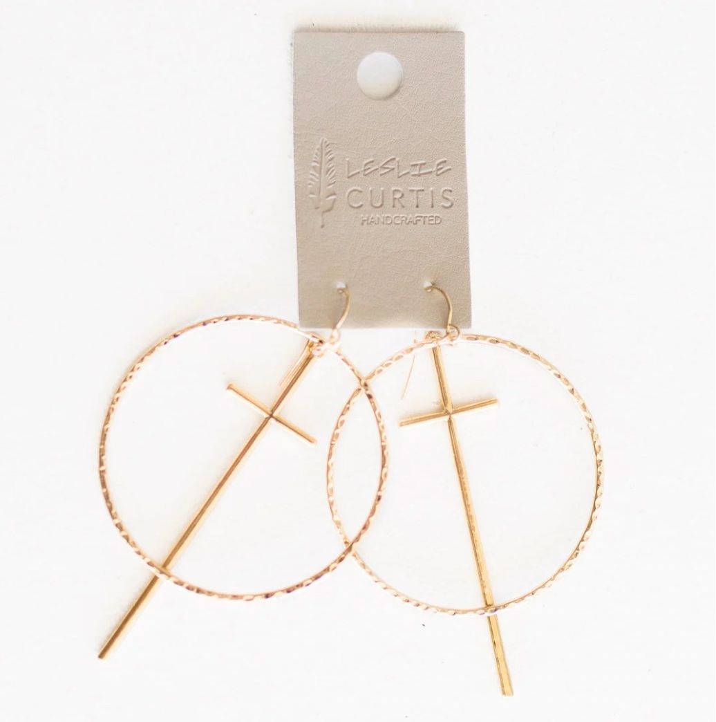 Earrings Miracle Hammered Hoop w/Thin Cross Drop 2 in