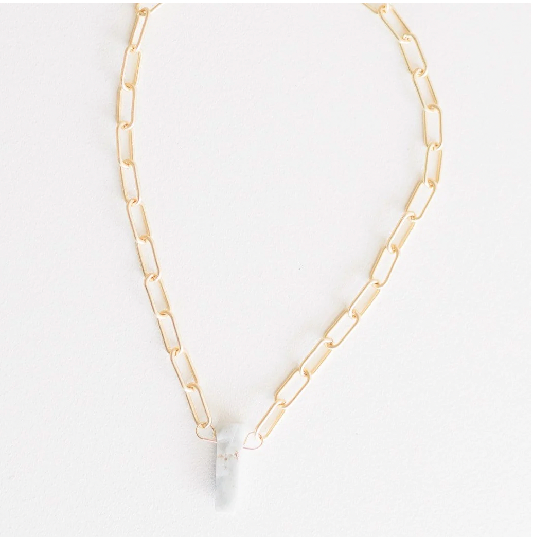 Remi Gold Paperlink Chain w/Raw Aquamarine Stone Necklace 16 in