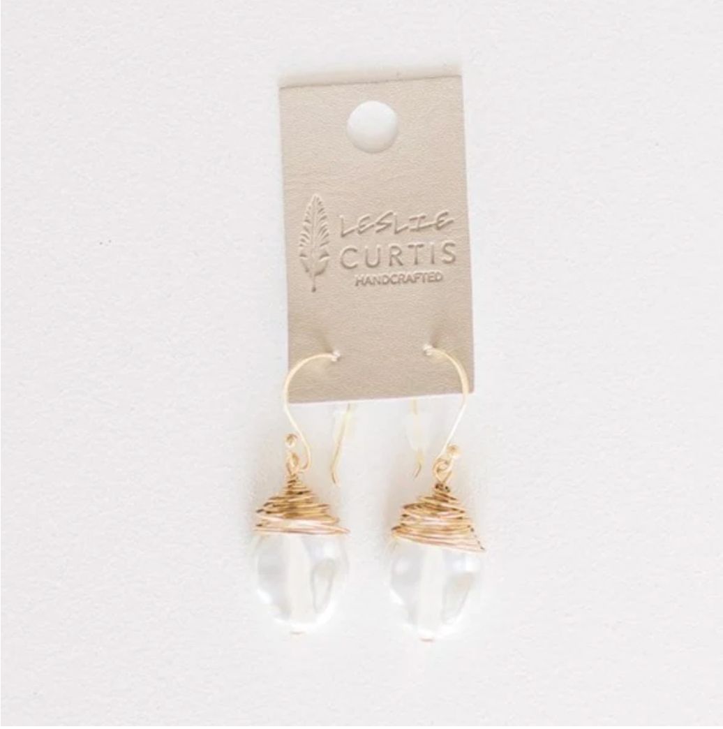 Earrings Lew White Glass Drop Gold  Wire Wrap