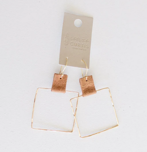 Earrings Cayson Hammered Gold Square w/Leather 2 in