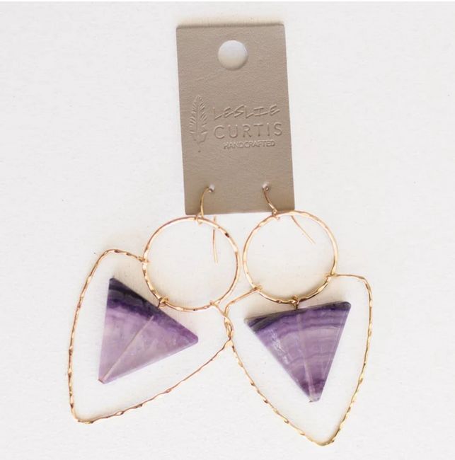 Codi Hammered Gold Geometric Amethyst Stone Earrings 2.5 in