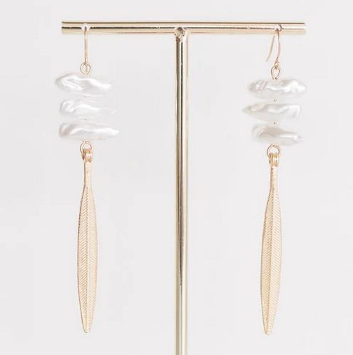 Birdie Pearl Stack Gold Feather Drop Earrings 3 in