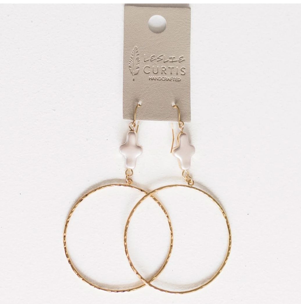 Hammered Gold Hoop Pearl Cross Earrings