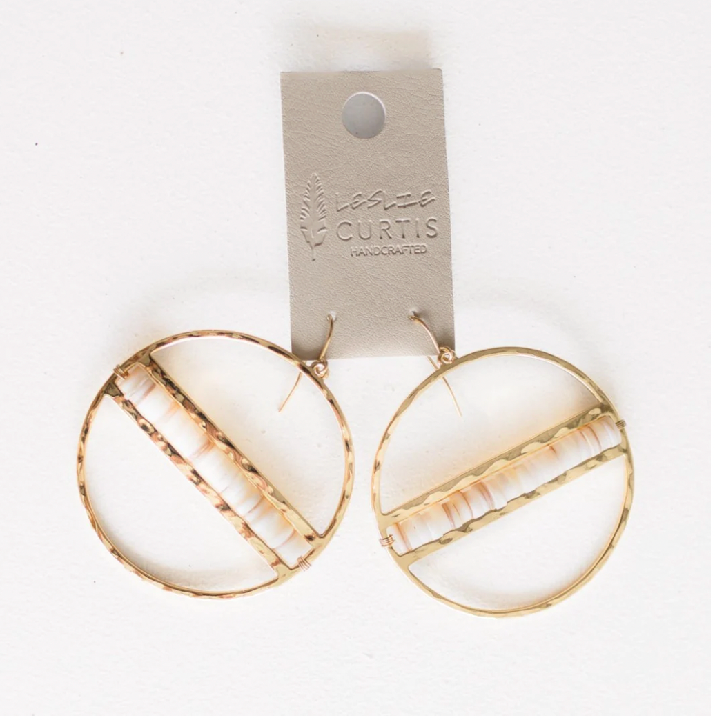 Sarah Hammered Gold Hoop Earrings Natural Heshi Stones 2 in