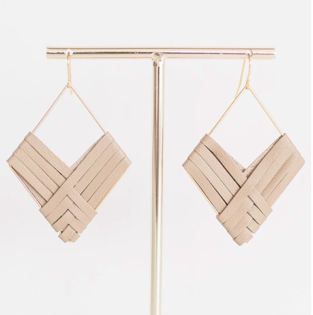 Earrings Holland Gold Diamond Taupe Leather Wrap 2 in