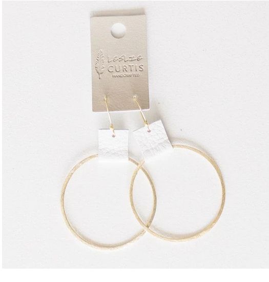 Laura Medium Gold Hoop w/White Leather Earrings 2  in