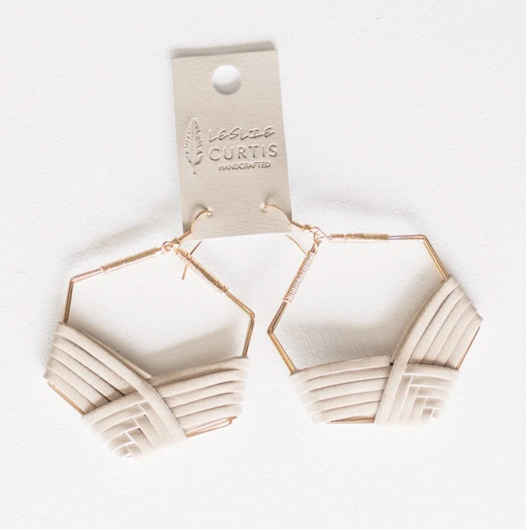 Kendra Braided Sand Leather Gold Hexagon Earrings 2 in