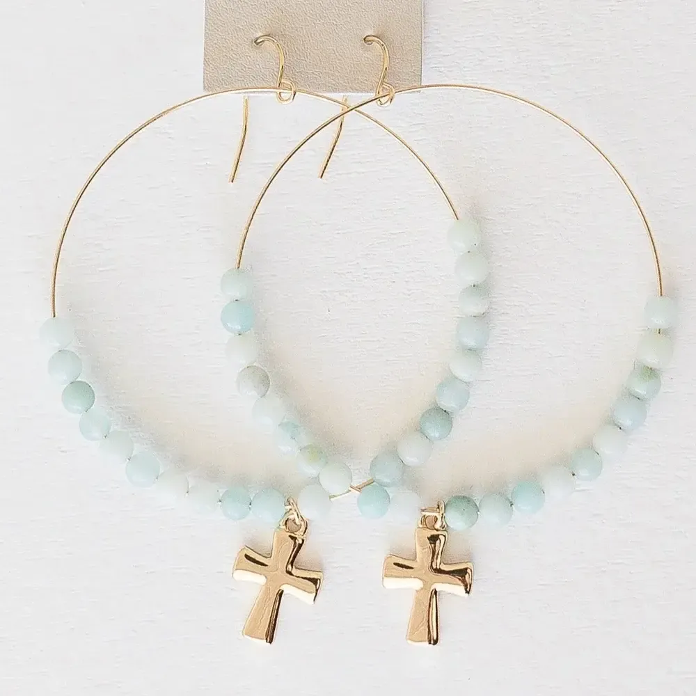 Margo Thin Gold Hoop w/Amazonite Beads Gold Cross Earrings 2.5 in