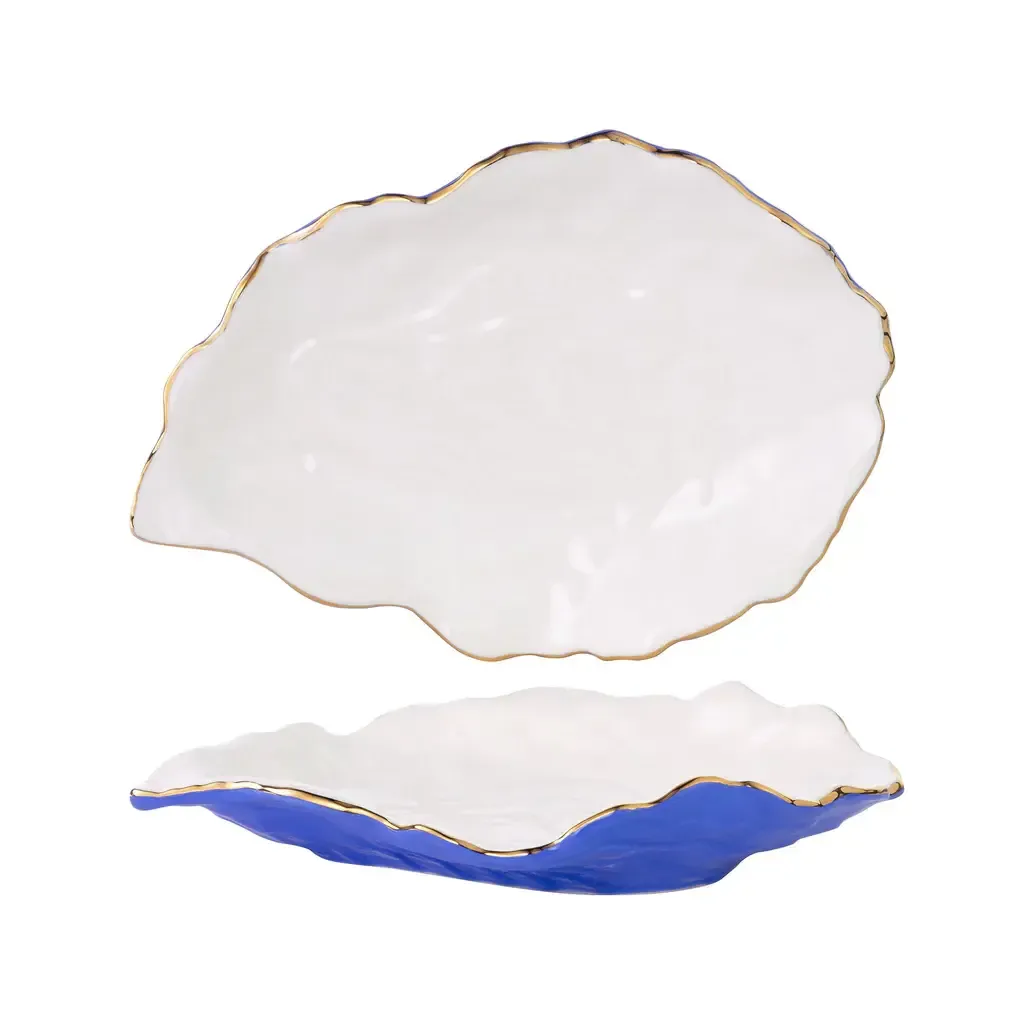 Oyster Shell Ceramic Appetizer Plates Set of 2 in Frenchie Blue
