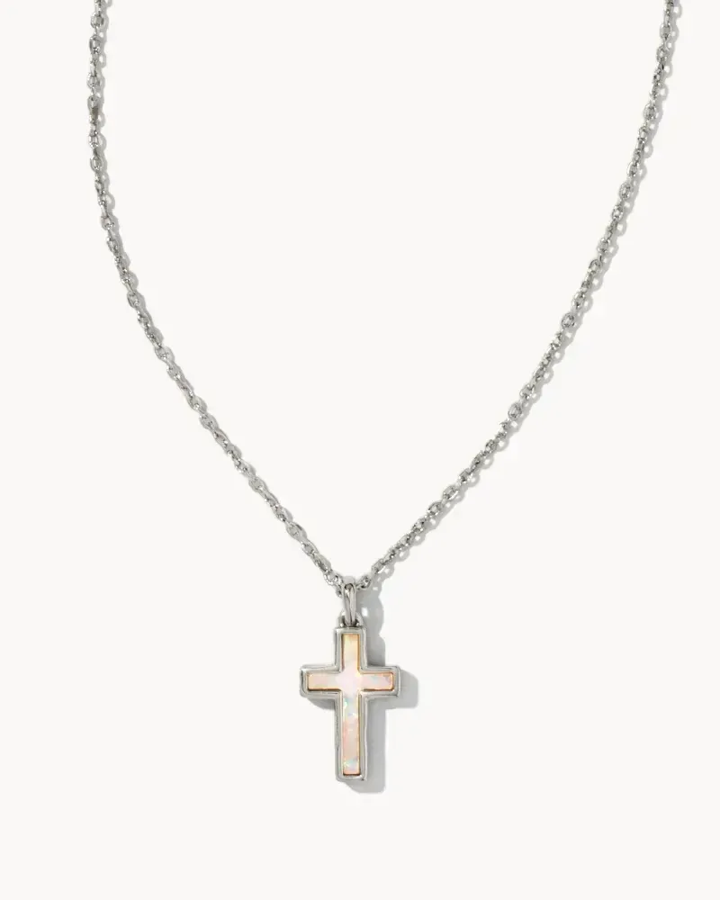 Cross Pendant Necklace  Rhodium White Opal