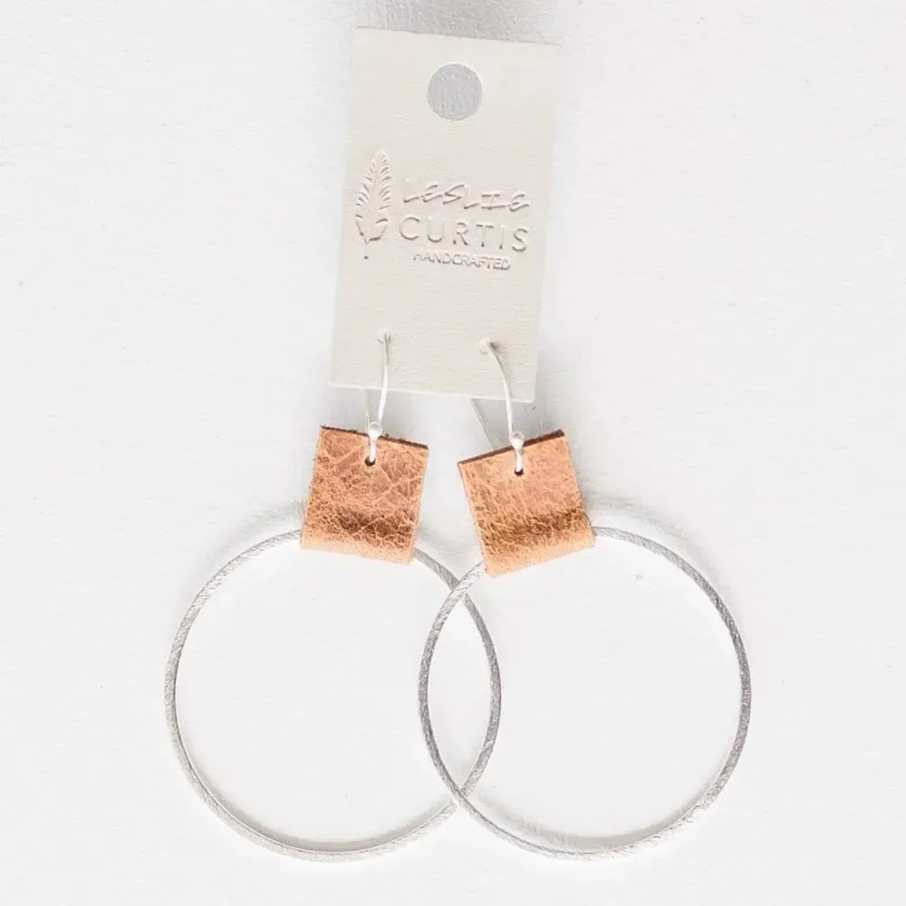 Laura Medium Silver Hoop Earrings w/Saddle Leather 2  in