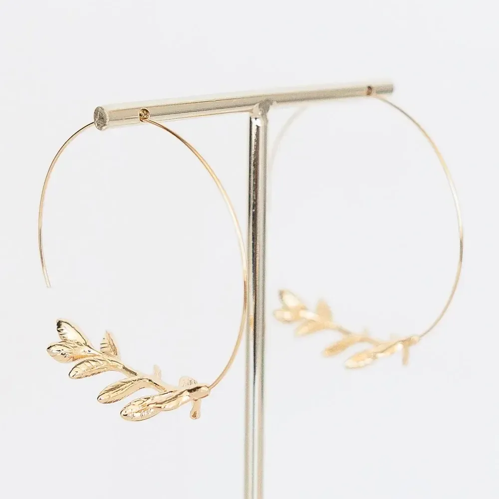 Emory Thin Gold Hoop w/Leaf Earrings 3 in