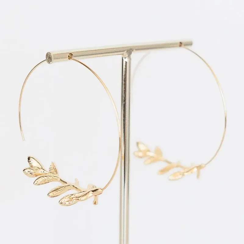 Emory Thin Gold Hoop w/Leaf Earrings 3 in