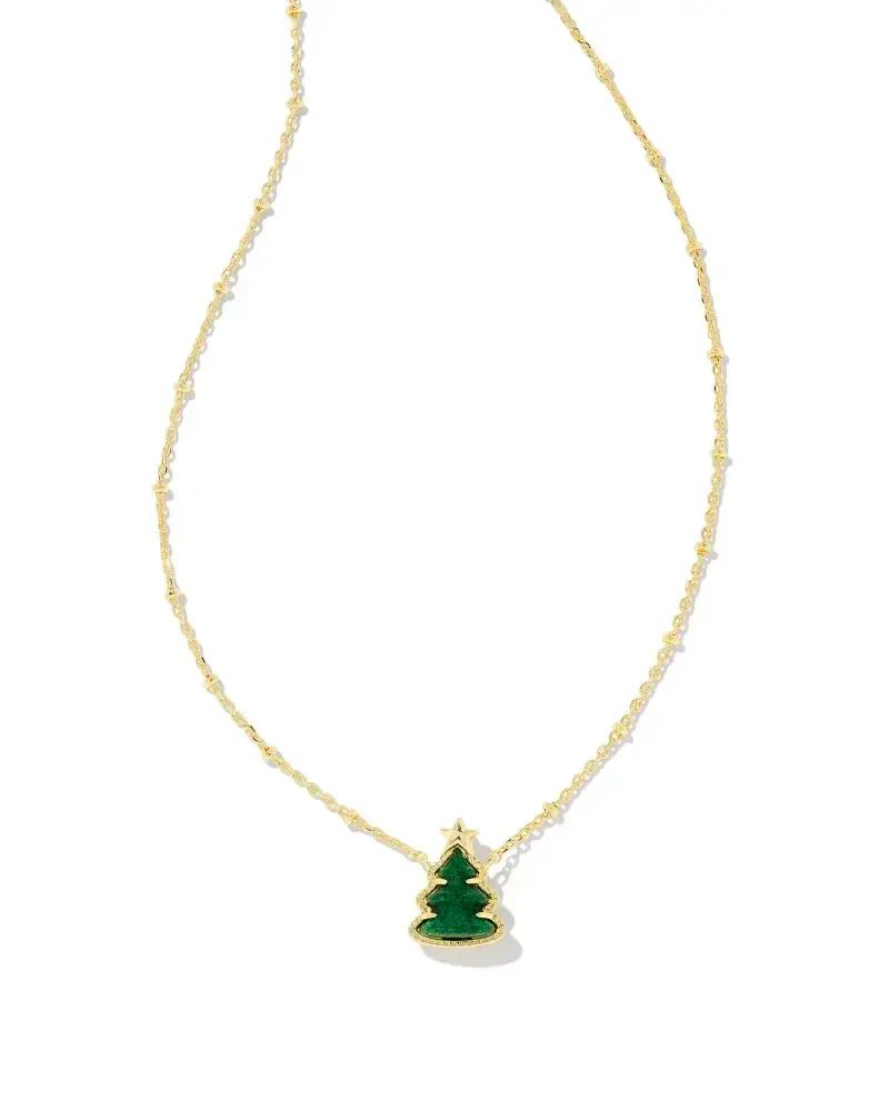 Holiday Tree Gold Pendant Necklace Green Quartzite