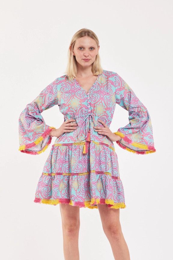 Desideria Dress Majolica Arbor Blue Red Gold, Size: M