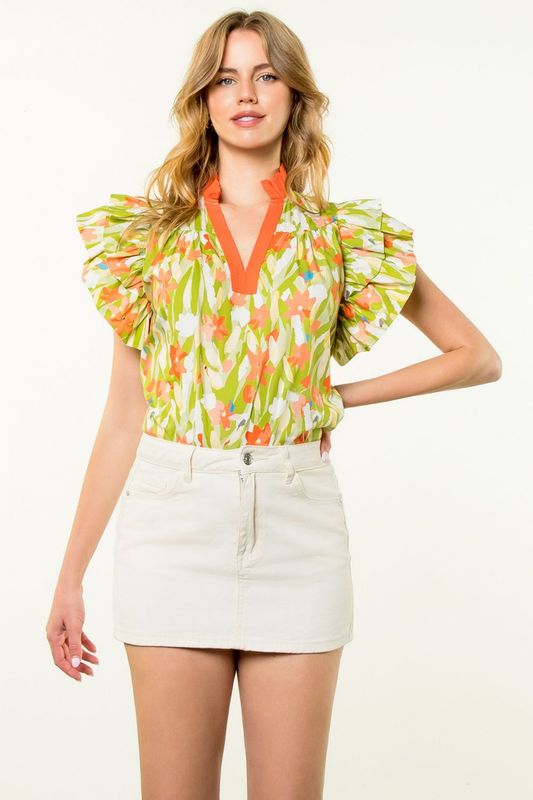 Flutter Sleeve Print Top Orange Trim