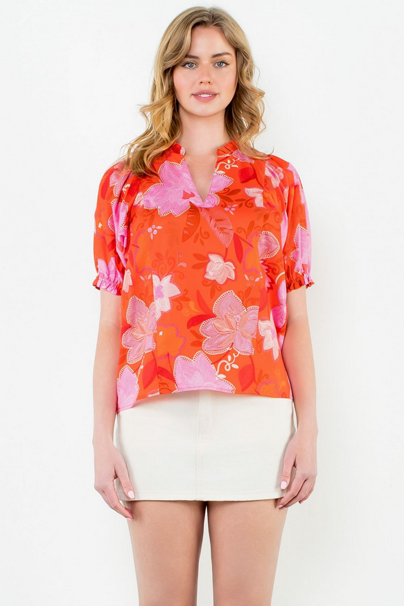 Puff Sleeve Flower Print Top