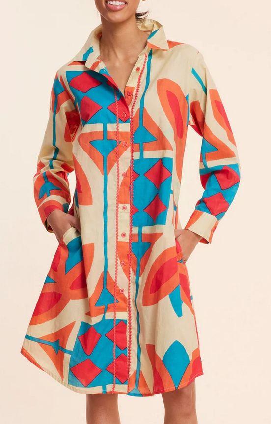 Carlotta Woven Cotton Dress- Tan, Red, Teal, Orange S