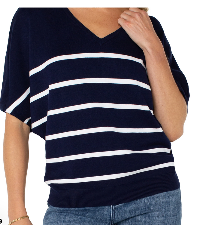 Short Sleeve Dolman Stripe V-neck Sweater Navy/White
