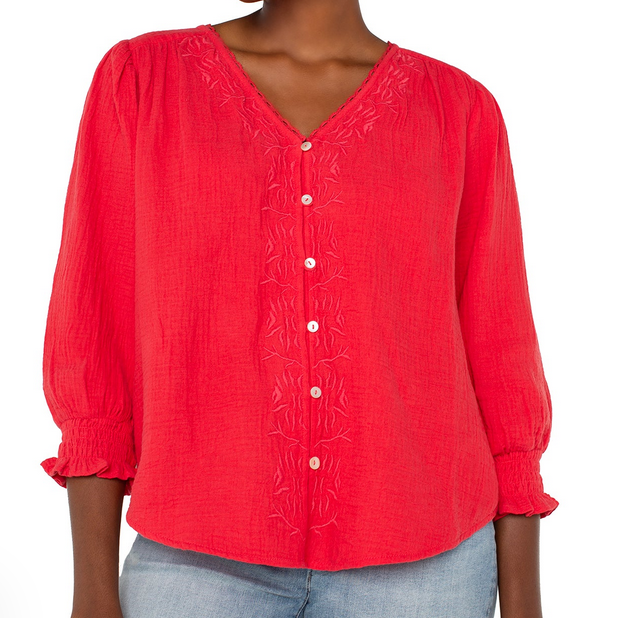 3/4 Sleeve Embroidered Woven Blouse