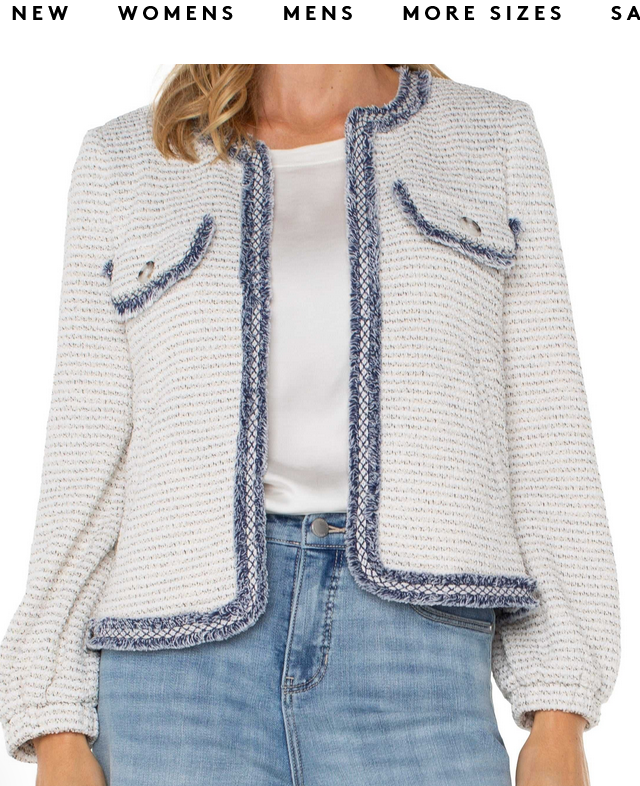 Collarless Jacket w Fray Detail Cream/Navy