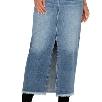 Five Pocket Front Slit Maxi Skirt w/Fray Hem 34.5 in