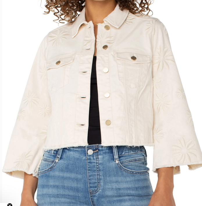 Jacket with Fray Hem &amp; Wide Sleeve Ecru