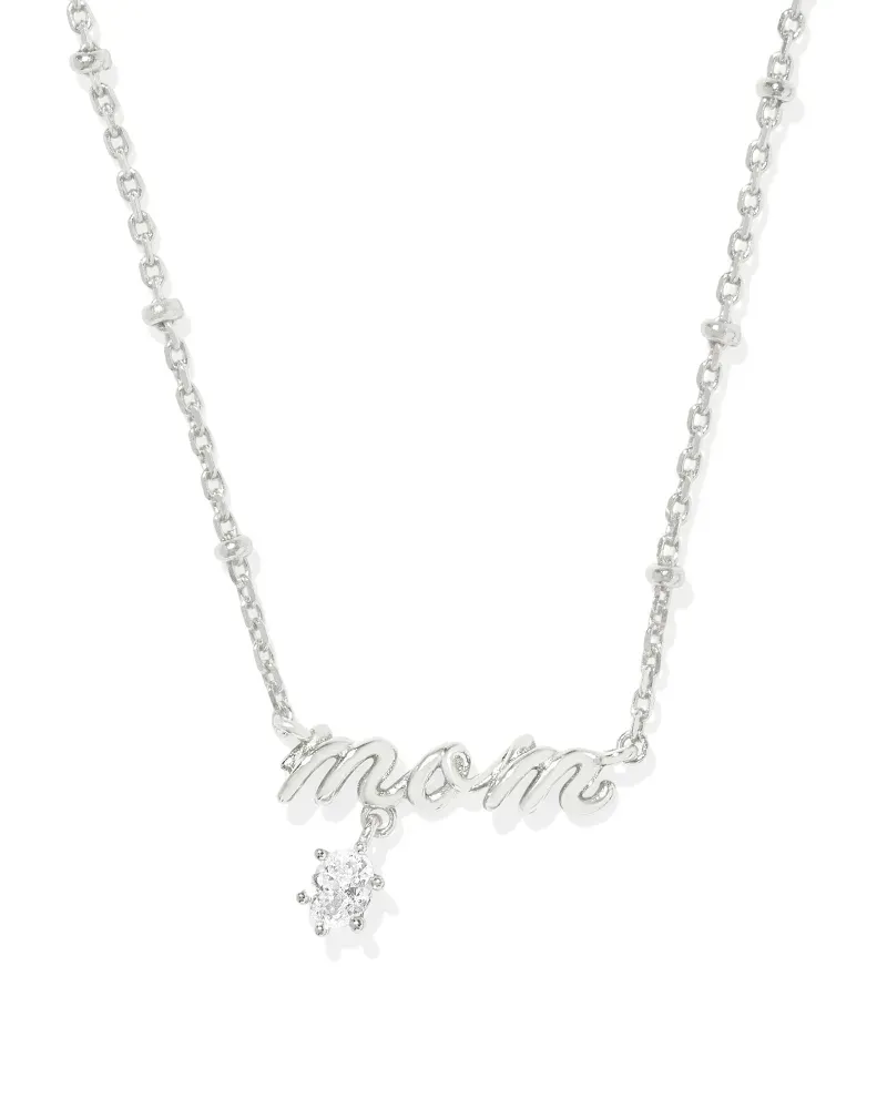 Mom Crystal Pendant Necklace Rhodium Metal