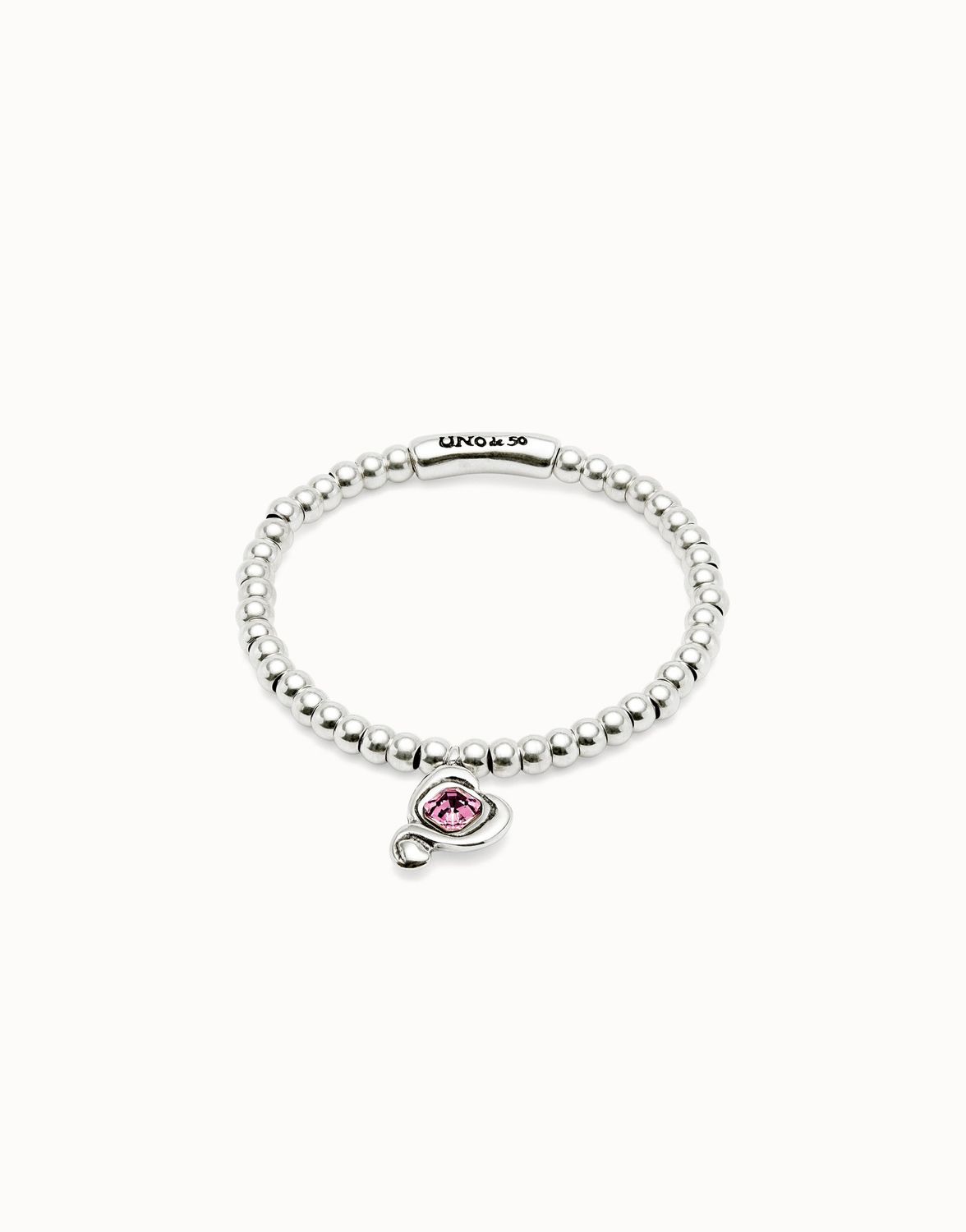 Ser Expresiva Silver Beaded Bracelet w/ Pink Stone Charm Large