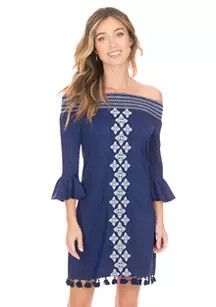 Navy Smocked Off the Shoulder Dress