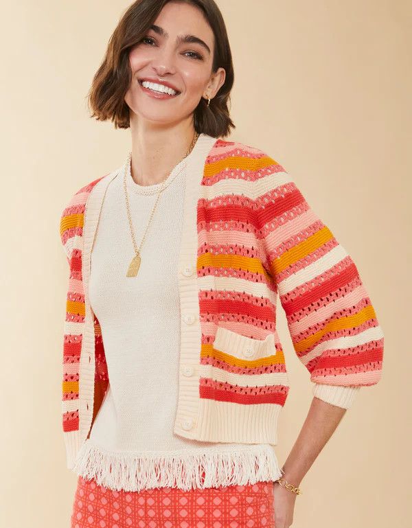 Gidget Crochet Cardigan Coral Rose Stripe , Size: Large