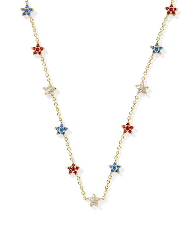 Sierra Star Gold Crystal Strand Necklace Red White Blue Mix