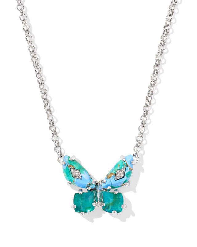 Bianca Butterfly Pendant Necklace Rhodium Bright Aqua Mix