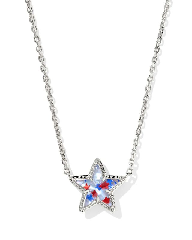 Cassidy Short Pendant Necklace Rhodium Red White Blue Illusion
