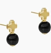 Signature Cross Gold Stud Earrings- Faceted Onyx