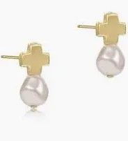 Signature Cross Gold Stud Earrings- Pearl