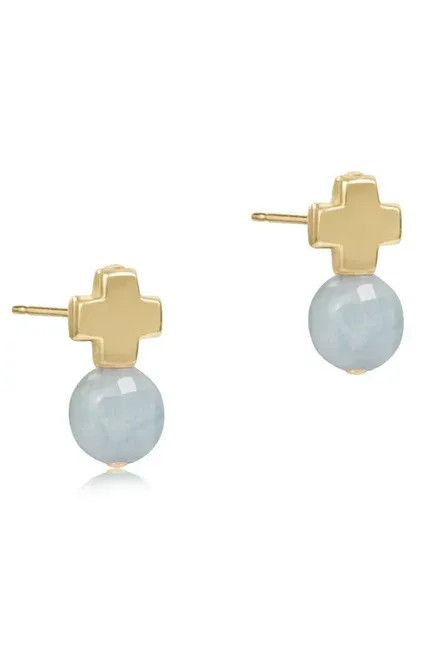 Signature Cross Gold Stud Earrings- Aquamarine