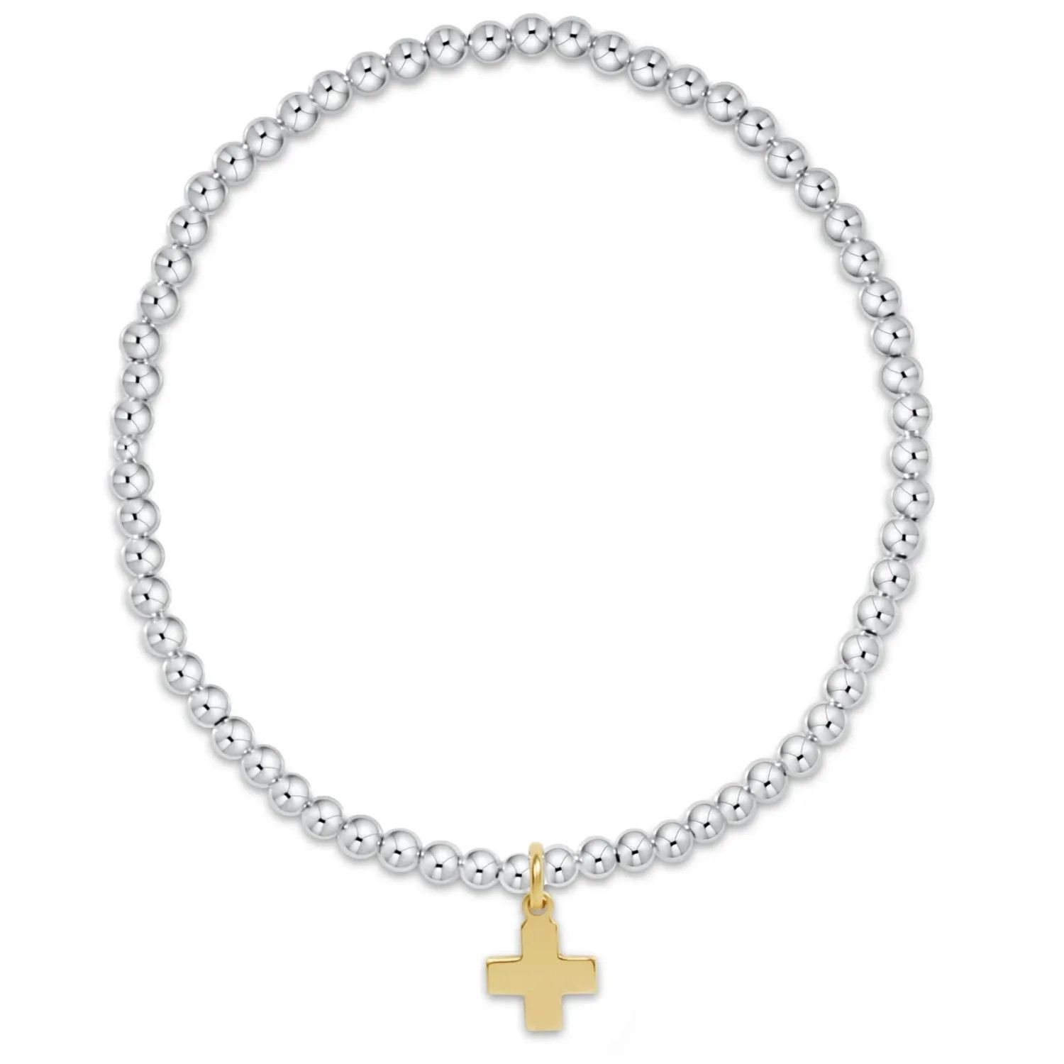 Classic Sterling Mixed Metal 3mm Bead Bracelet Signature Cross Gold Charm