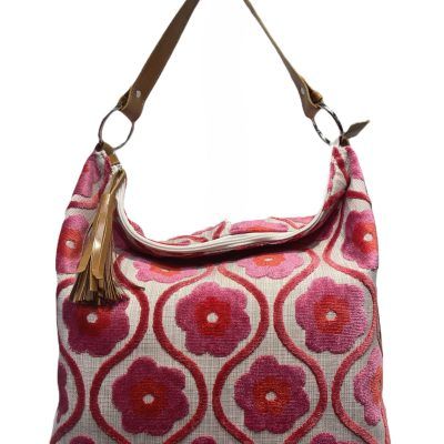 Glenda Gies Emma Tote with Strap Coral/Pink Chenille Flower Power