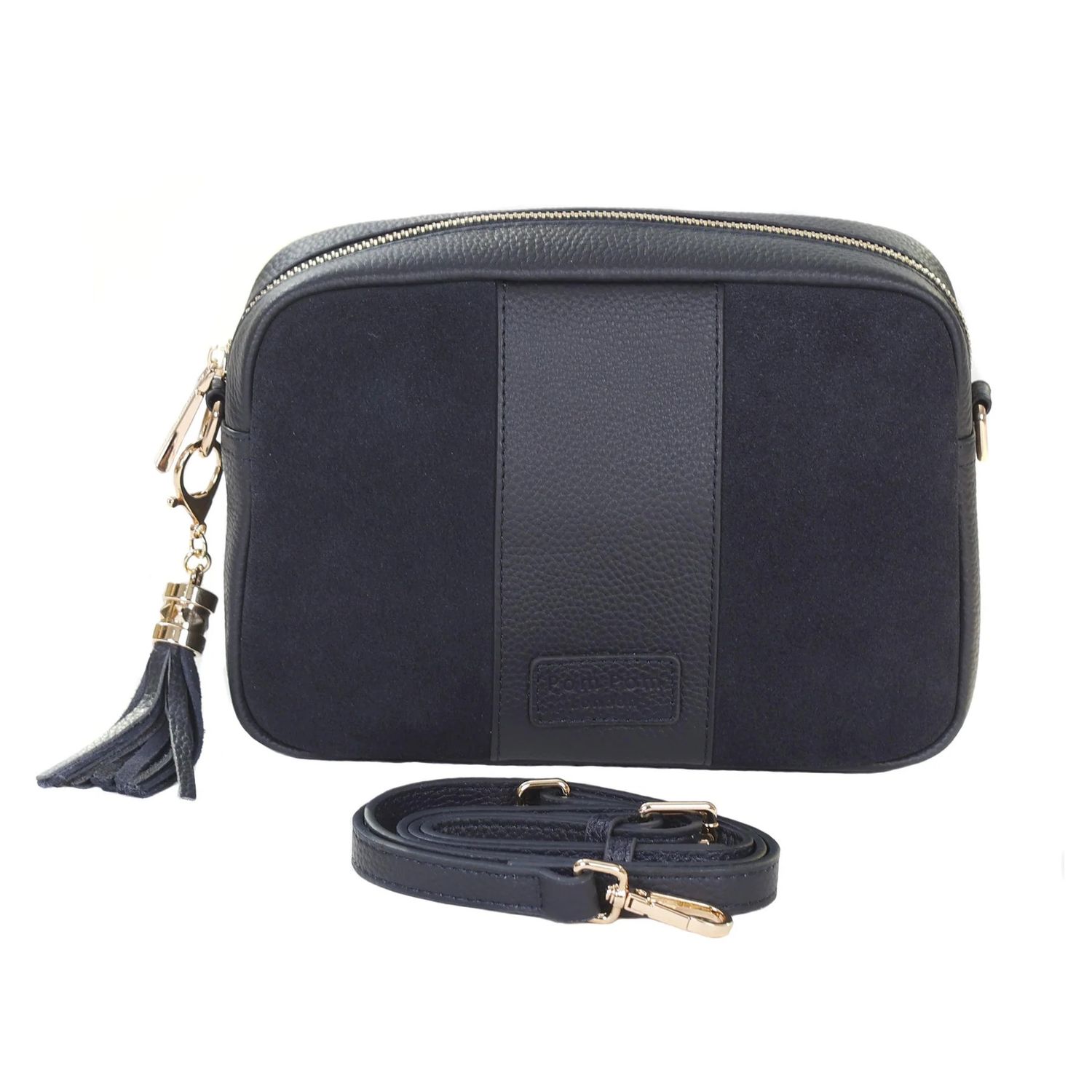 Pom Pom London City Suede &amp; Leather Bag Navy