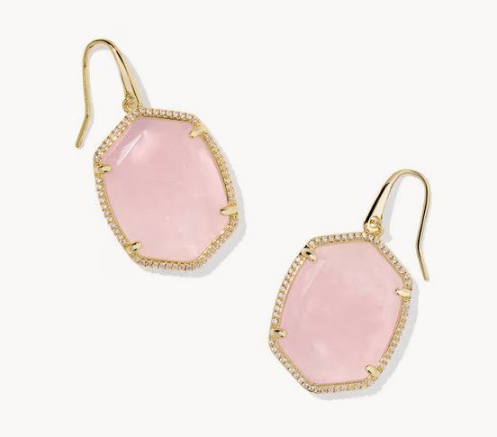 Breast Cancer Awareness Daphne Pave Frame Drop Earrings Rose Quartz Gold