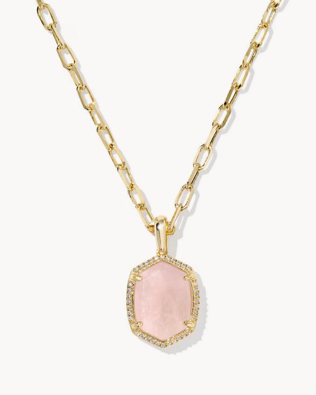 Breast Cancer Awareness Daphne Pave Frame Short Pendant Necklace Rose Quartz Gold