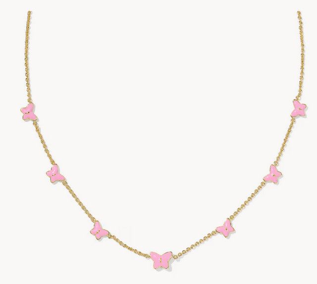 Breast Cancer Awareness Lillia Butterfly Enamel Strand Necklace Gold