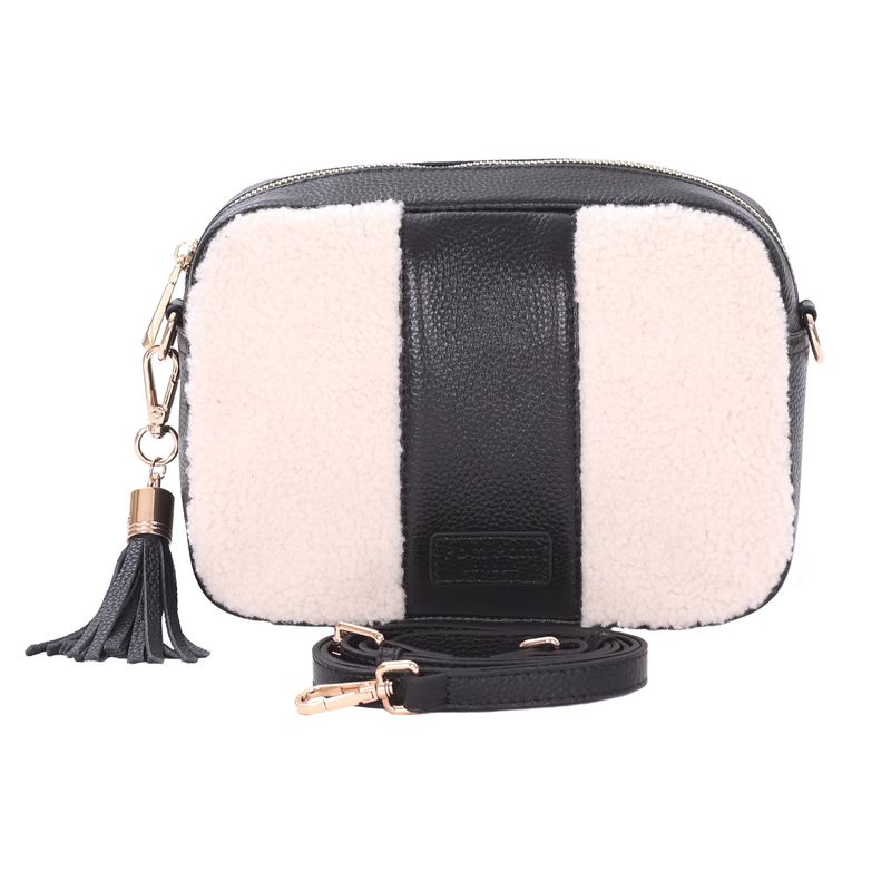 Pom Pom London City Faux Fleece &amp; Leather Bag Black