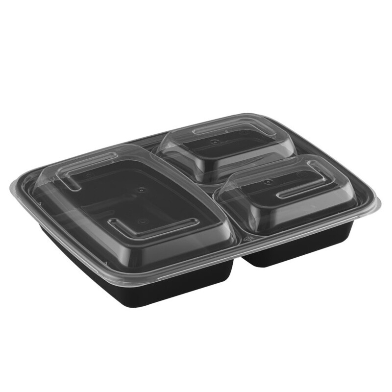 TY-333 / RCT333 - 33oz Rectangular Microwaveable Container with Lid 3-compartment, 150 sets (50/6)