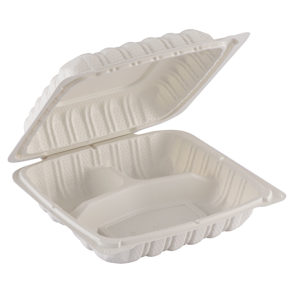 TY-83 / WH83 - Clamshell MFPP Container 3-compartment, Corner Lock, 8&quot; x 8&quot;, 150pc (150/1)