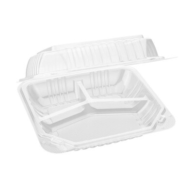 PR-CH93x3 / PSHCL93 - Clear Hinged PS Container 3-compartment, 9&quot; x 9&quot; 3in Tall, 200pc (200/1)
