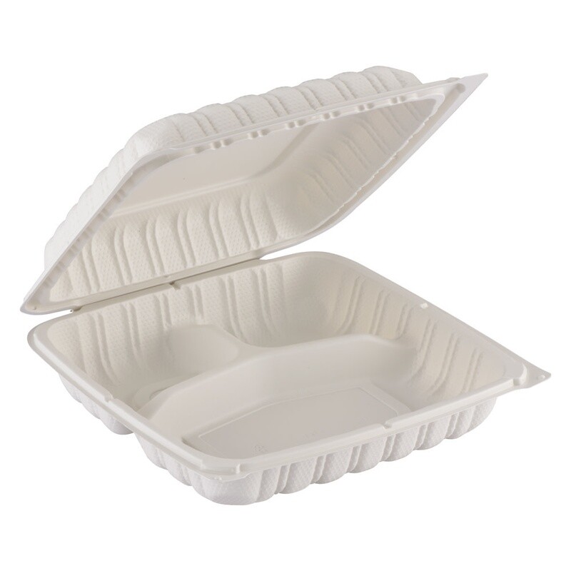 TY-93 / WH93 - Clamshell MFPP Container 3-compartment, Corner Lock, 9&quot; x 9&quot;, 150pc (150/1)