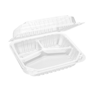 PR-CH83x3 / PSHCL83 - Clear Hinged PS Container 3-compartment, 8&quot; x 8&quot; 3in Tall, 200pc (200/1)