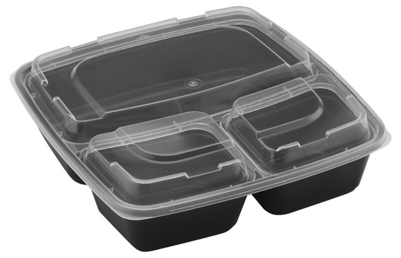 TY-348 / SQ348 - 48oz Square Microwaveable Container with Lid 3-compartment, 100 sets (50/4)